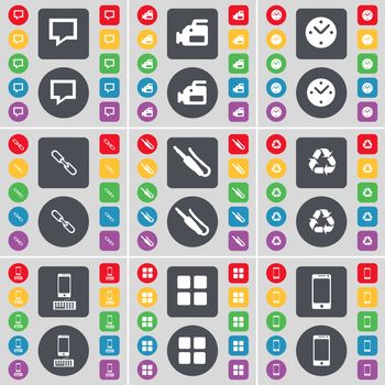 Chat bubble, Film camera, Clock, Link, Microphone connector, Recycling, Smartphone, Apps icon symbol. A large set of flat, colored buttons for your design. illustration
