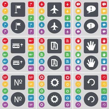 Golf hole, Airplane, Chat bubble, Cassette, ZIP file, Hand, Number, Gear, Reload icon symbol. A large set of flat, colored buttons for your design. illustration