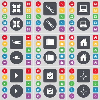 Deploying screen, Link, Laptop, Socket, Folder, House, Media play, Survey, Compass icon symbol. A large set of flat, colored buttons for your design. illustration