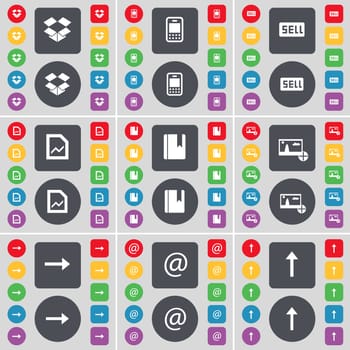 Dropbox, Mobile phone, Sell, Graph file, Dictionary, Picture, Arrow right, Mail, Arrow up icon symbol. A large set of flat, colored buttons for your design. illustration