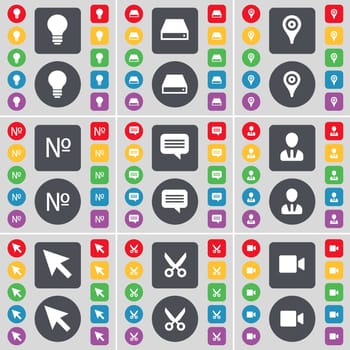 Light bulb, Hard drive, Checkpoint, Number, Chat bubble, Avatar, Cursor, Scissors, Film camera icon symbol. A large set of flat, colored buttons for your design. illustration