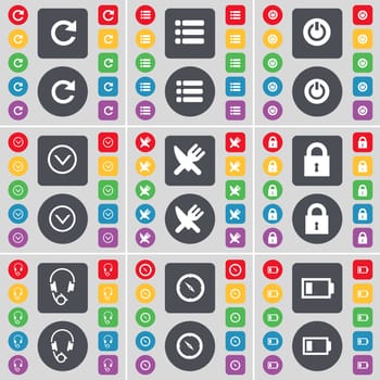 Reload, List, Power, Arrow down, Fork and knife, Lock, Headphones, Compass, Battery icon symbol. A large set of flat, colored buttons for your design. illustration