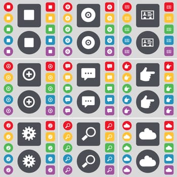 Media stop, Disk, Contact, Plus, Chat bubble, Hand, Gear, Magnifying glass, Cloud icon symbol. A large set of flat, colored buttons for your design. illustration