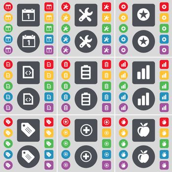 Calendar, Wrench, Star, File, Battery, Diagram, Tag, Plus, Apple icon symbol. A large set of flat, colored buttons for your design. illustration