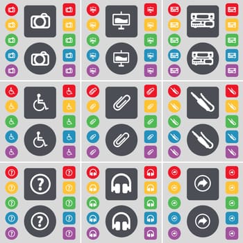 Camera, Graph, Record-player, Disabled person, Clip, Microphone connector, Question mark, Headphones, Back icon symbol. A large set of flat, colored buttons for your design. illustration