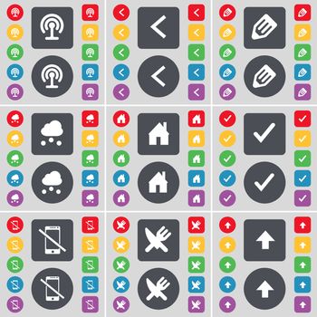 Wi-Fi, Arrow left, Pencil, Cloud, House, Tick, Smartphone, Fork and knife, Arrow up icon symbol. A large set of flat, colored buttons for your design. illustration