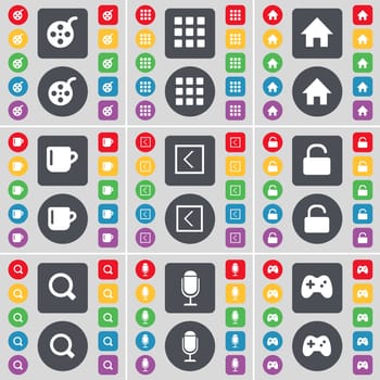 Videotape, Apps, House, Cup, Arrow left, Lock, Magnifying glass, Microphone, Gamepad icon symbol. A large set of flat, colored buttons for your design. illustration