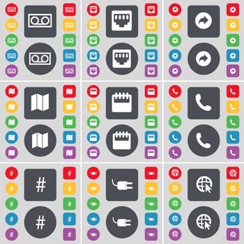 Cassette, LAN socket, Back, Mail, Calendar, Receiver, Hashtag, Socket, Web cursor icon symbol. A large set of flat, colored buttons for your design. illustration