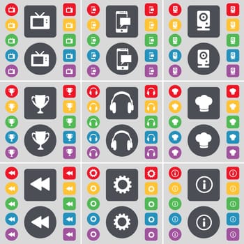 Retro TV, SMS, Speaker, Cup, Headphones, Cooking hat, Rewind, Gear, Information icon symbol. A large set of flat, colored buttons for your design. illustration