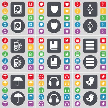 Hard drive, Badge, Wrist watch, MP3 player, Dictionary, Apps, Umbrella, Headphone, Bird icon symbol. A large set of flat, colored buttons for your design. illustration