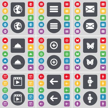 Earth, Apps, Message, Tray, Plus, Buttery, Media player, Arrow left, Wrist watch icon symbol. A large set of flat, colored buttons for your design. illustration