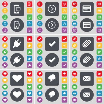 SMS, Arrow right, Credit card, Socket, Tick, Clip, Heart, Lightning, Message icon symbol. A large set of flat, colored buttons for your design. illustration