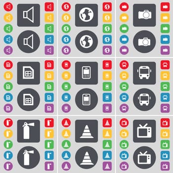 Sound, Earth, Camera, File, Mobile phone, Bus, Fire extinguisher, Cone, Retro TV icon symbol. A large set of flat, colored buttons for your design. illustration