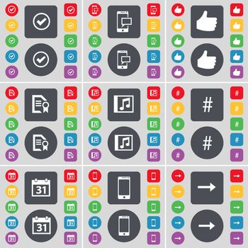 Tick, SMS, Like, Text file, Music window, Hashtag, Calendar, Smartphone, Arrow right icon symbol. A large set of flat, colored buttons for your design. illustration