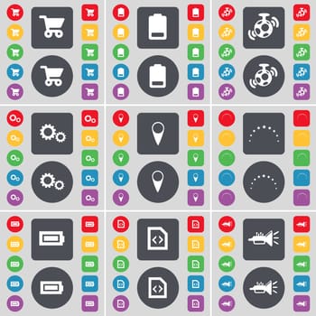 Shopping bag, Battery, Speaker, Gear, Checkpoint, Stars, File, Trumped icon symbol. A large set of flat, colored buttons for your design. illustration