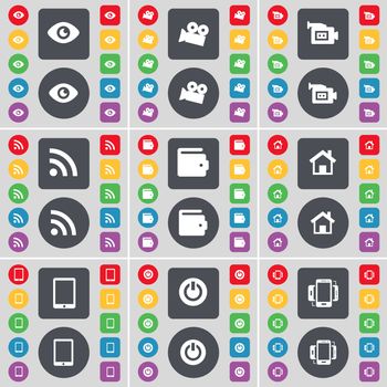 Vision, Film camera, Film camera, RSS, Wallet, House, Tablet PC, Power, Smartphone icon symbol. A large set of flat, colored buttons for your design. illustration