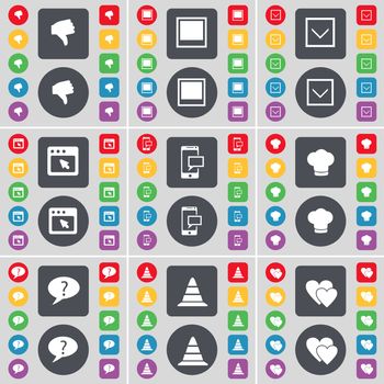 Dislike, Window, Arrow down, Window, SMS, Cooking hat, Chat bubble, Cone, Heart icon symbol. A large set of flat, colored buttons for your design. illustration
