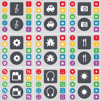 Clef, Car, Camera, Gear, Bug, Fork and knife, Film camera, Headphone, Light icon symbol. A large set of flat, colored buttons for your design. illustration