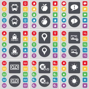 Bus, Apps, Chat bubble, Ship, Checkpoint, Picture, Cassette, DVD, Light icon symbol. A large set of flat, colored buttons for your design. illustration