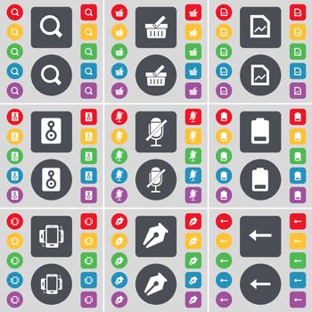 Magnifying glass, Basket, Graph file, Speaker, Microphone, Battery, Smartphone, Ink pen, Arrow left icon symbol. A large set of flat, colored buttons for your design. illustration