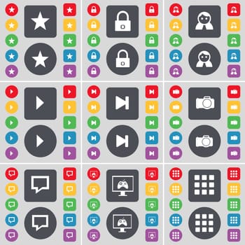 Star, Lock, Avatar, Media play, Media skip, Camera, Chat bubble, Monitor, Apps icon symbol. A large set of flat, colored buttons for your design. illustration
