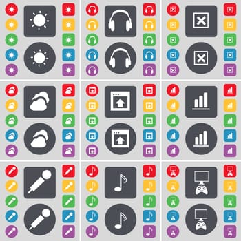 Light, Headphones, Stop, Cloud, Window, Diagram, Microphone, Note, Game console icon symbol. A large set of flat, colored buttons for your design. illustration