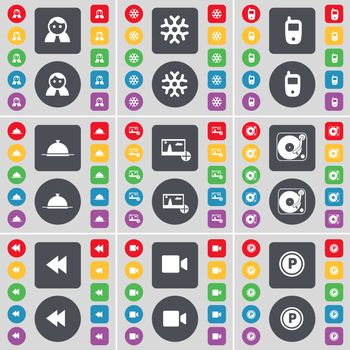 Avatar, Snowflake, Monitor, Tray, Picture, Gramophone, Rewind, Film camera, Parking icon symbol. A large set of flat, colored buttons for your design. illustration