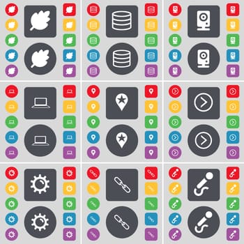 Leaf, Database, Speaker, Laptop, Checkpoint, Arrow right, Gear, Link, Microphone icon symbol. A large set of flat, colored buttons for your design. illustration