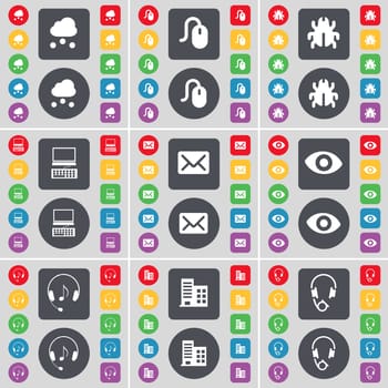 Cloud, Mouse, Bug, Laptop, Message, Vision, Headphones, Building icon symbol. A large set of flat, colored buttons for your design. illustration