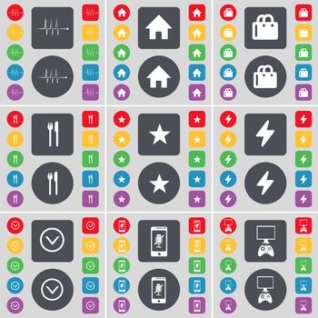 Pulse, House, Shopping bag, Fork and knife, Star, Flash, Arrow down, Smartphone, Game console icon symbol. A large set of flat, colored buttons for your design. illustration