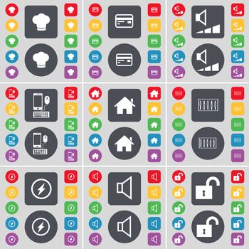 Cooking hat, Credit card, Volume, Smartphone, House, Equalizer, Flash, Sound, Lock icon symbol. A large set of flat, colored buttons for your design. illustration