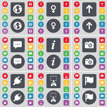 Earth, Venus symbol, Arrow up, Chat bubble, Information, Camera, Socket, Game console, Flag icon symbol. A large set of flat, colored buttons for your design. illustration