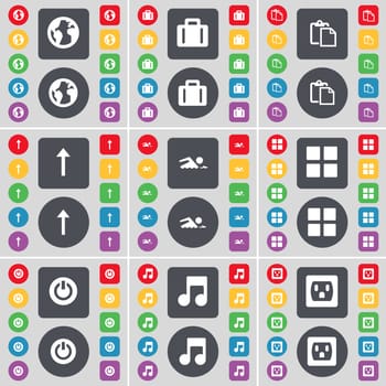 Earth, Suitcase, Survey, Arrow up, Swimmer, Apps, Power, Note, Socket icon symbol. A large set of flat, colored buttons for your design. illustration