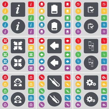 Information, Battery, Survey, Deploying screen, Arrow left, Connection, Avatar, Microphone connector, Gear icon symbol. A large set of flat, colored buttons for your design. illustration