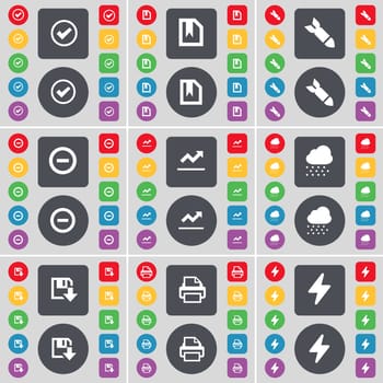 Tick, File, Rocket, Minus, Graph, Cloud, Floppy, Printer, Flash icon symbol. A large set of flat, colored buttons for your design. illustration