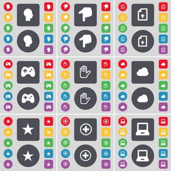 Silhouette, Hand, Upload file, Gamepad, Hand, Cloud, Star, Plus, Laptop icon symbol. A large set of flat, colored buttons for your design. illustration