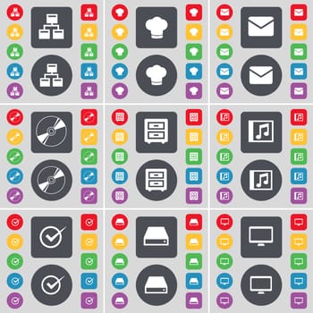 Network, Cooking hat, Message, Disk, Bed-table, Music window, Tick, Hard drive, Monitor icon symbol. A large set of flat, colored buttons for your design. illustration