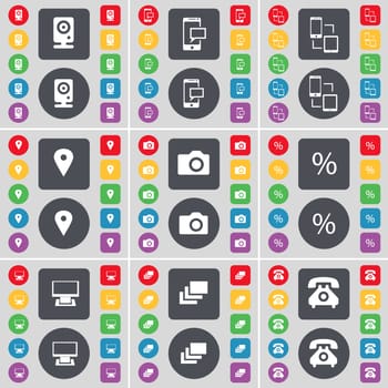 Speaker, SMS, Connection, Checkpoint, Camera, Percent, Monitor, Gallery, Retro phone icon symbol. A large set of flat, colored buttons for your design. illustration
