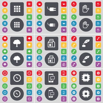 Apps, Socket, Hand, Tree, Packing, Ink pot, Compass, SMS, Processor icon symbol. A large set of flat, colored buttons for your design. illustration