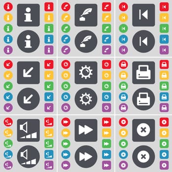Information, Ink pot, Media skip, Deploying screen, Gear, Printer, Volume, Rewind, Stop icon symbol. A large set of flat, colored buttons for your design. illustration