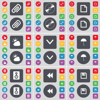 Clip, Disk, File, Cloud, Arrow down, Umbrella, Speaker, Rewind, Floppy icon symbol. A large set of flat, colored buttons for your design. illustration