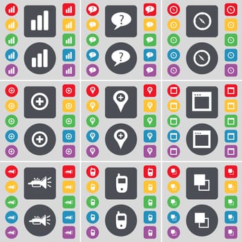Diagram, Chat bubble, Compass, Plus, Checkpoint, Window, Trumped, Mobile phone, Copy icon symbol. A large set of flat, colored buttons for your design. illustration