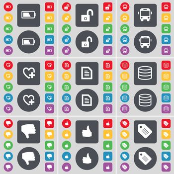 Battery, Lock, Bus, Heart, Text file, Database, Dislike, Like, Tag icon symbol. A large set of flat, colored buttons for your design. illustration