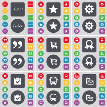 Note, Star, Gear, Quotation mark, Shopping cart, Medal, Survey, Bus, SMS icon symbol. A large set of flat, colored buttons for your design. illustration