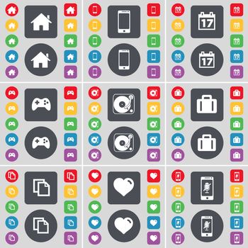 House, Smartphone, Calendar, Gamepad, Gramophone, Suitcase, Copy, Heart, Smartphone icon symbol. A large set of flat, colored buttons for your design. illustration