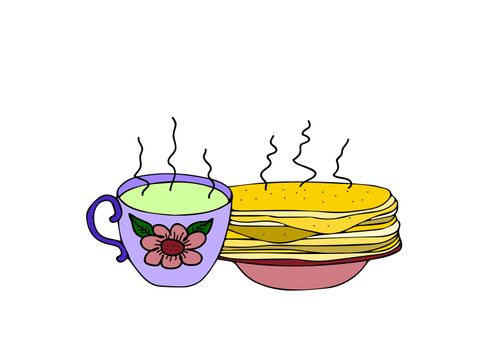 illustration of a cup of tea and pancakes