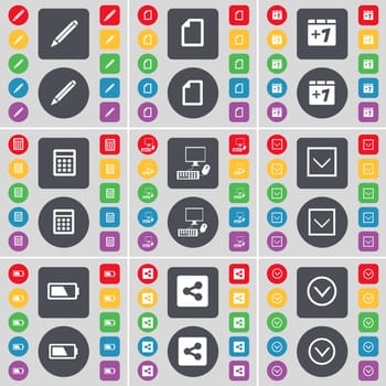 Pencil, File, Plus one, Calculator, PC, Arrow down, Battery, Share, Arrow down icon symbol. A large set of flat, colored buttons for your design. illustration