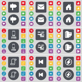 Signpost, Message, House, Smartphone, Helicopter, Negative films, Scroll, Media skip, Flash icon symbol. A large set of flat, colored buttons for your design. illustration