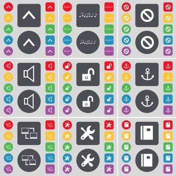 Arrow up, Note, Stop, Sound, Lock, Anchor, Connection, Wrench, Notebook icon symbol. A large set of flat, colored buttons for your design. illustration