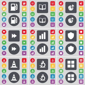 Gas station, Book, Pizza, Rewind, Diagram, Badge, Cone, Microscope, Apps icon symbol. A large set of flat, colored buttons for your design. illustration
